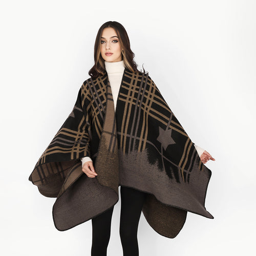 Damen Oversize-Capeponcho aus Wollmix mit Stern- und Karojacquard und weichfallendem Fall Drune