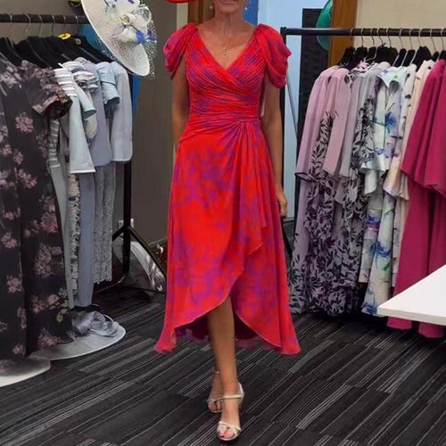 Damen nan festliches Chiffon-Midikleid mit gekreuztem V-Ausschnitt, taillenraffung und asymmetrischem Tulpenrock Drune