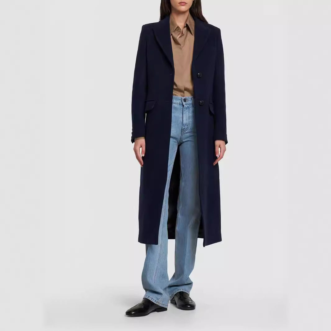 Damen Midilanger Einreihiger Tailoring‑Mantel mit schmalem Revers und Pattentaschen Drune