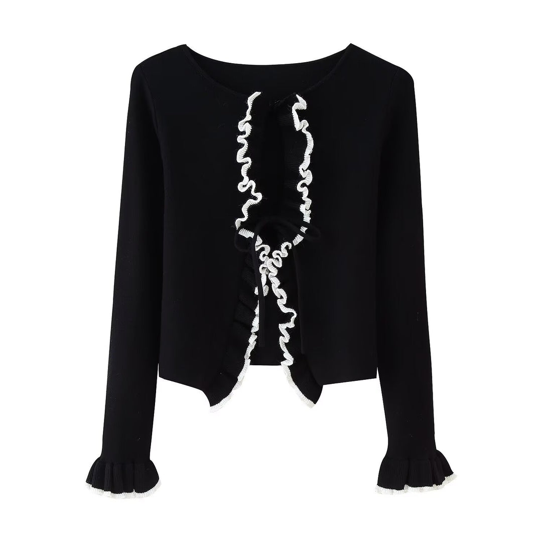 Damen Strickjacke mit Rüschen und Bändern Drune