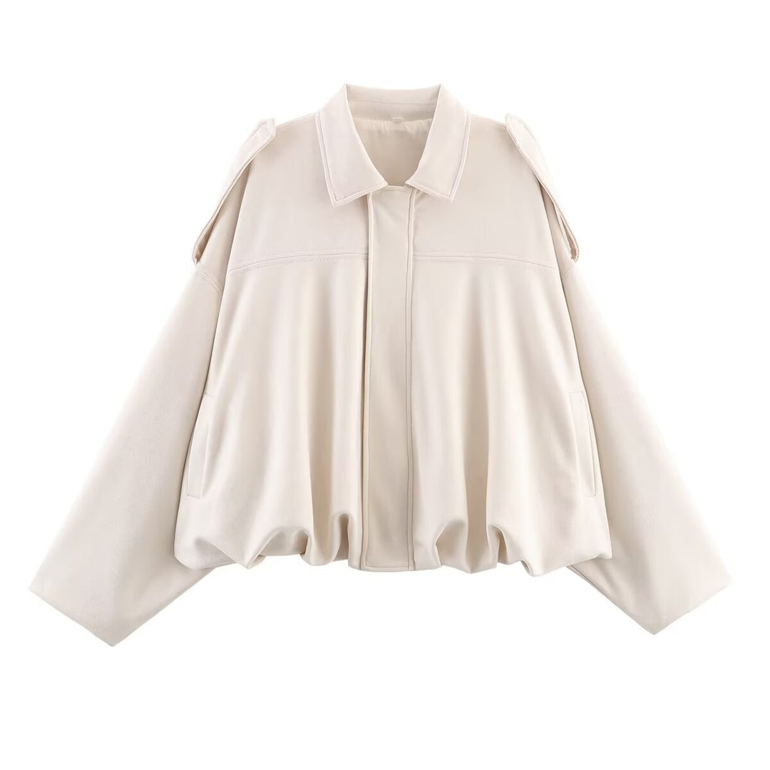 Damen Oversize-Suedejacke mit Schulterklappen, verdeckter Knopfleiste und elastischem Saum Drune