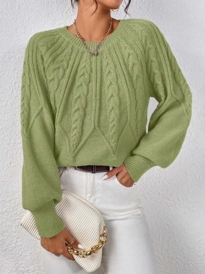Damen nan kurzer Zopfmuster-Strickpullover mit Ballonärmeln und geripptem Saum Drune