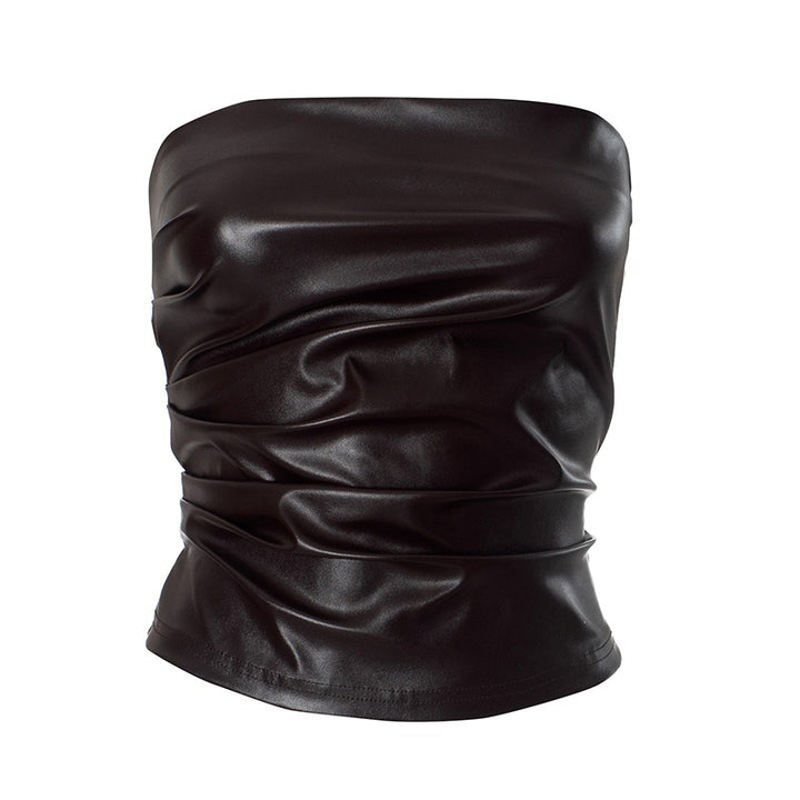 Damen Bandeau-Oberteil aus hochwertigem Kunstleder mit raffinierten Rüschendetails Drune