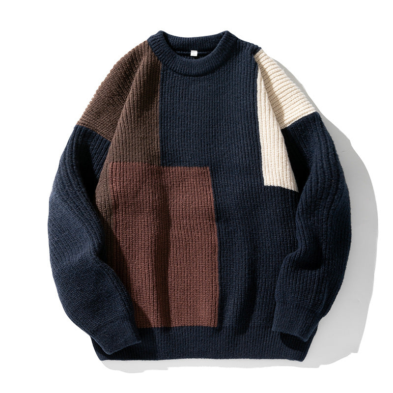 Unisex Grobgestrickter Colorblock-Pullover mit kastigem Oversize‑Schnitt und geripptem Rundhals Drune