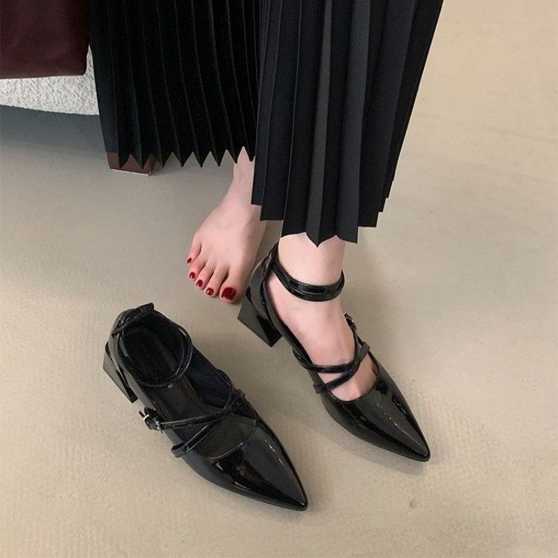 Damen Spitz zulaufende Riemchen‑Mules im Mary‑Jane‑Stil mit verstellbarem Knöchelriemen und geformtem Blockabsatz Drune