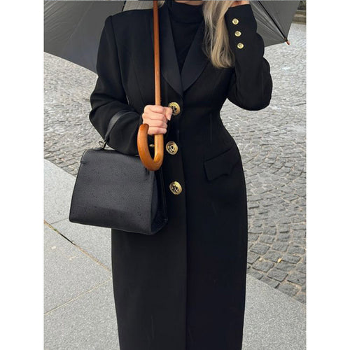 Damen Eleganter Maxicoat mit dekorativen Knöpfen und praktischen Taschen Drune