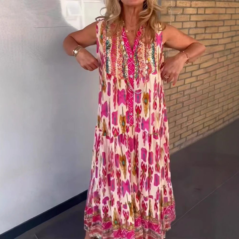 Damen nan fließendes Maxikleid im Boho-Stil mit V-Ausschnitt, Stufenrock und bestickter Passe Drune