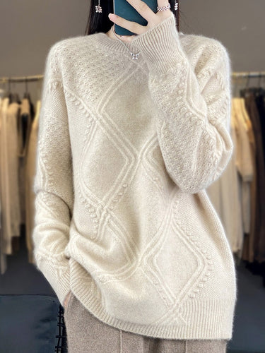 Damen Kuscheliger Mohair‑Look Oversize‑Pullover mit Rautenstruktur und Noppen‑Details Drune