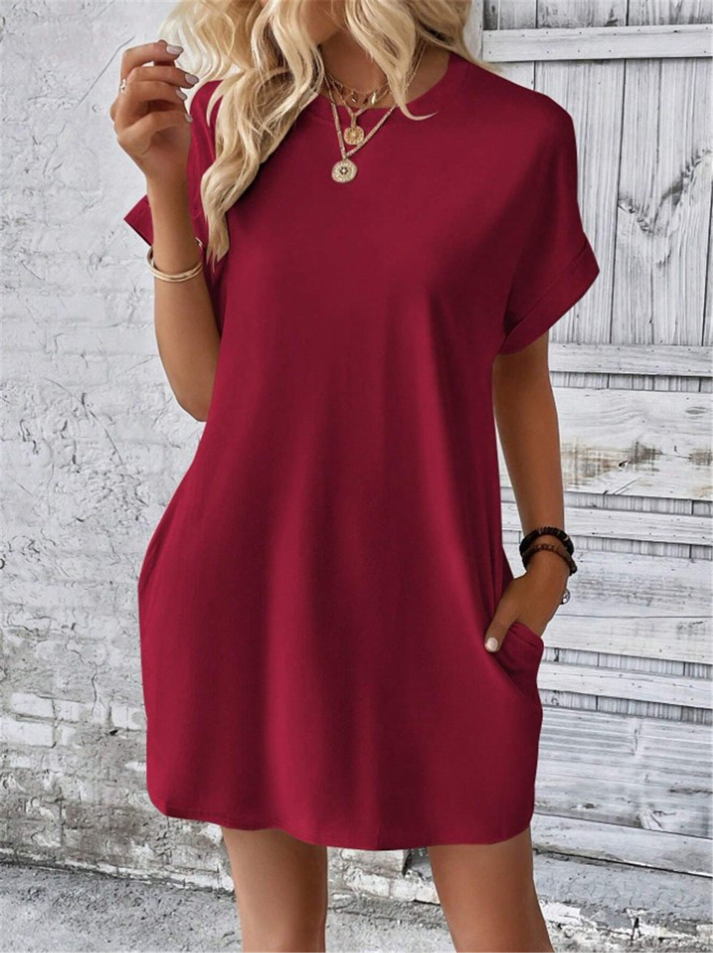 Damen lässiges T-Shirt-Kleid mit umschlagbaren Ärmeln und Taschen Drune
