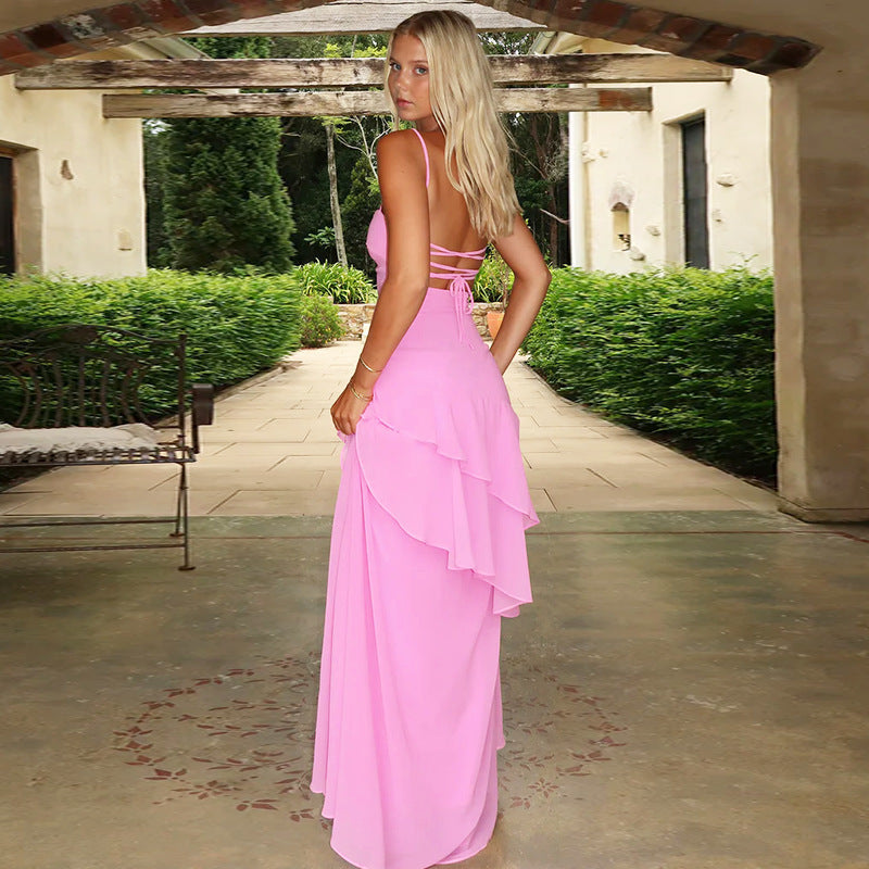 Damen elegantes Maxikleid mit voluminösem Rüschendesign Drune