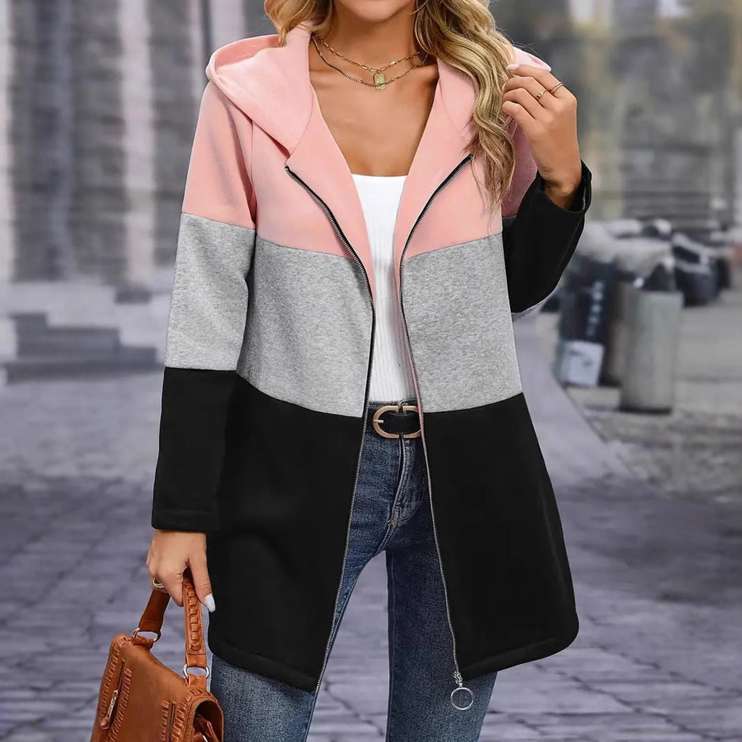 Damen Kapuzen-Farbblock-Mantel mit durchgehendem Reißverschluss, oversized Schnitt und mittellanger Silhouette Drune