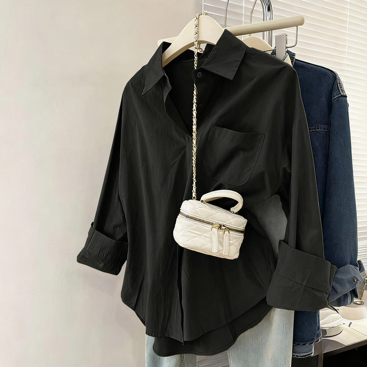 Damen nan oversized Hemdbluse mit Brusttasche, umgeschlagenen Ärmeln und relaxed Fit Drune