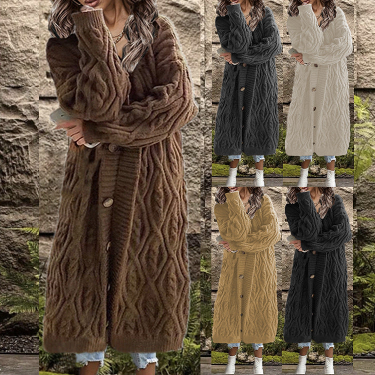 Damen Großer Strickmantel mit geometrischem Zopfdesign und praktischen Knöpfen Drune