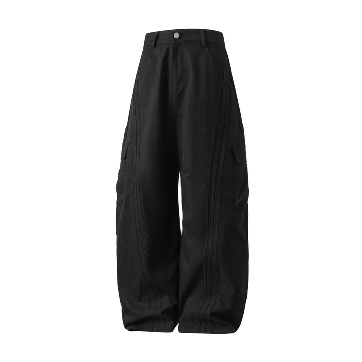 Damen Hochtaillierte weite Cargo‑Palazzo‑Hose mit seitlichen Klappentaschen und Ziersteppungen Drune