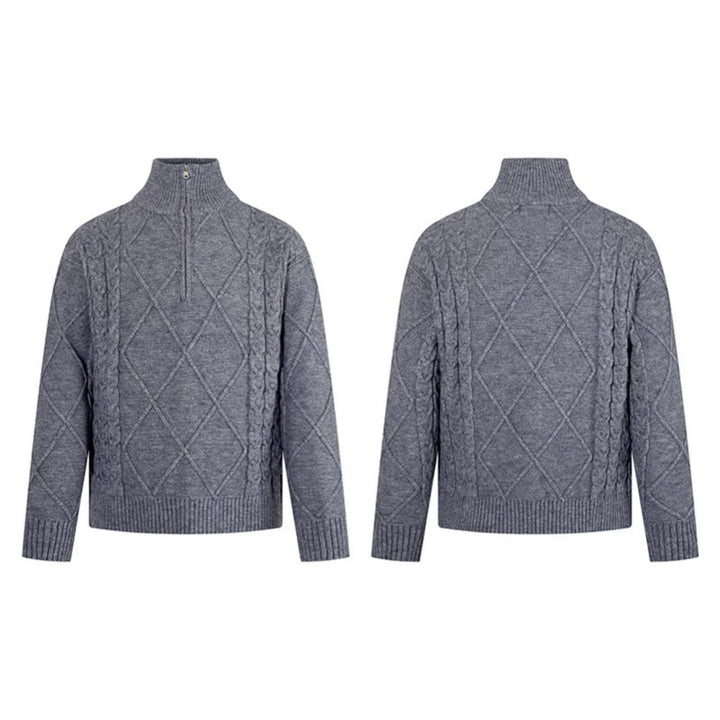 Herren Strickpullover mit Zopfmuster, halbem Reißverschluss und hohem Stehkragen Drune