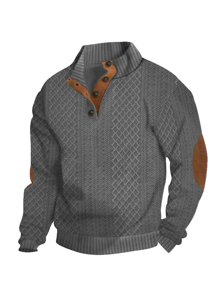 Herren kuscheliger Strickpullover mit modernem Kragen und Lederdetails Drune