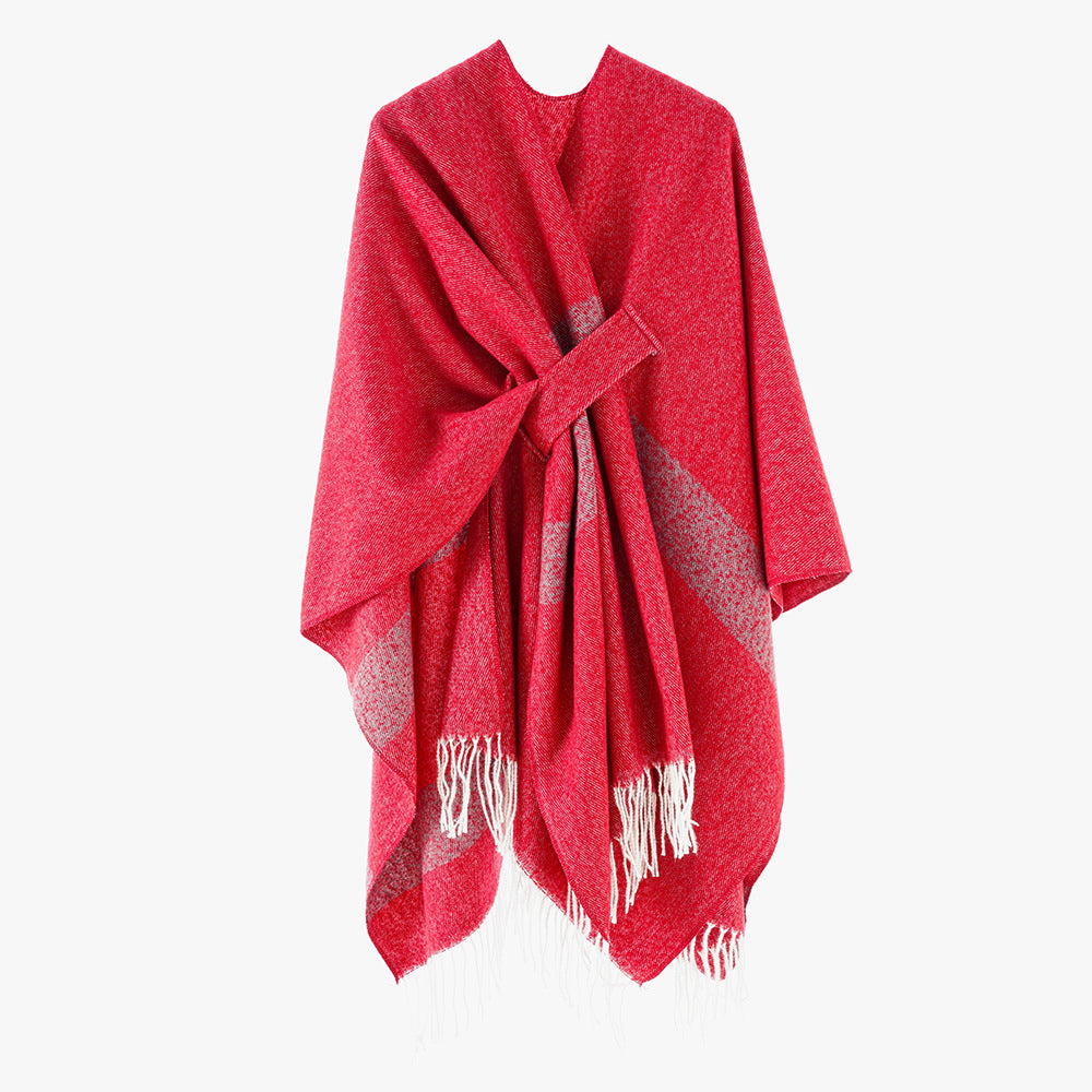 Damen Oversize-Capeponcho aus Wollmix mit diagonaler Kontrastkante und Fransen Drune
