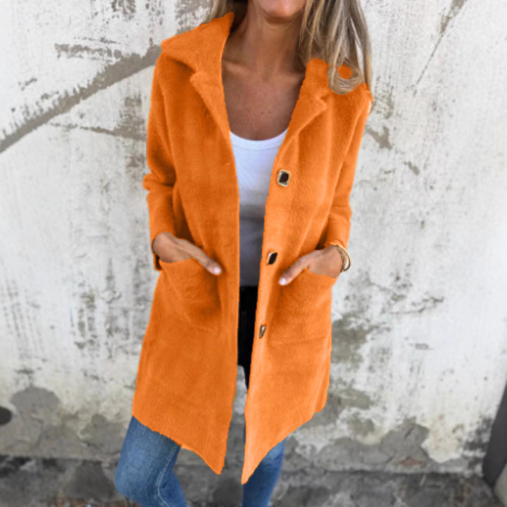 Damen Teddy-Mantel mit Oversize-Kragen, dekorativen Knöpfen und Eingrifftaschen Drune