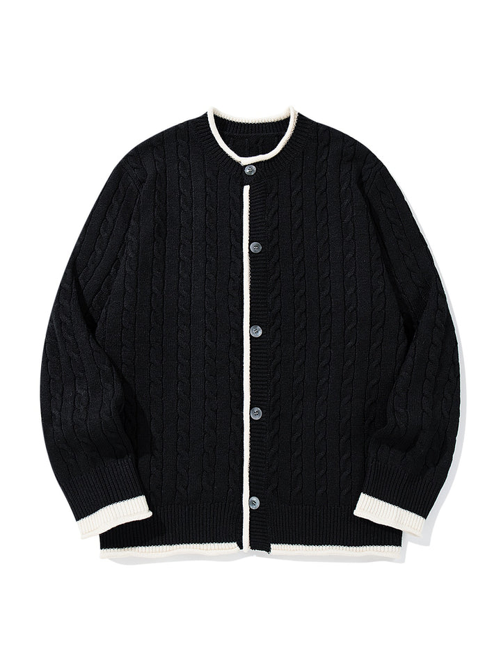 Unisex Kabelstrick-Cardigan mit Rundhals, kontrastierten Bündchen und durchgehender Knopfleiste Drune