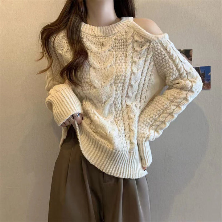 Damen Grobstrickpullover mit asymmetrischem Schulterdesign und Zopfmuster Drune