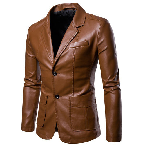 Herren Slim-Fit Kunstleder-Blazer mit Revers, Knopfleiste und aufgesetzten Taschen Drune