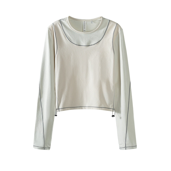 Damen Leichtes cropped Layering-Longsleeve mit Mesh-Ärmeln, Kontrastnähten und Kordelzug Drune