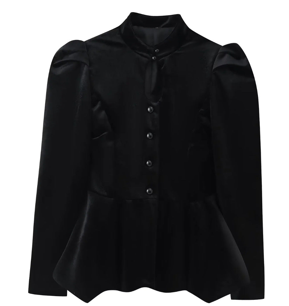 Damen 100+ taillierte Satinbluse mit Stehkragen, Puffärmeln und Schößchen Drune