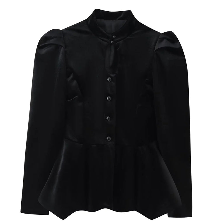 Damen 100+ taillierte Satinbluse mit Stehkragen, Puffärmeln und Schößchen Drune