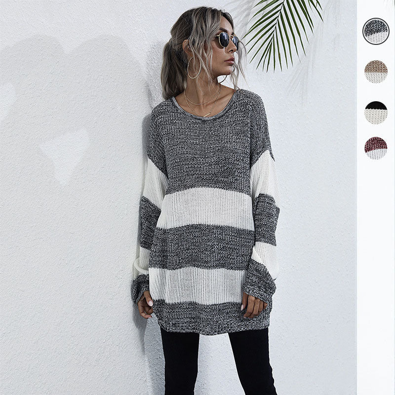 Damen Oversize Longpullover mit Blockstreifen und Rundhalsausschnitt Drune