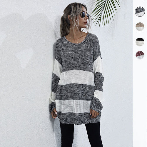 Damen Oversize Longpullover mit Blockstreifen und Rundhalsausschnitt Drune