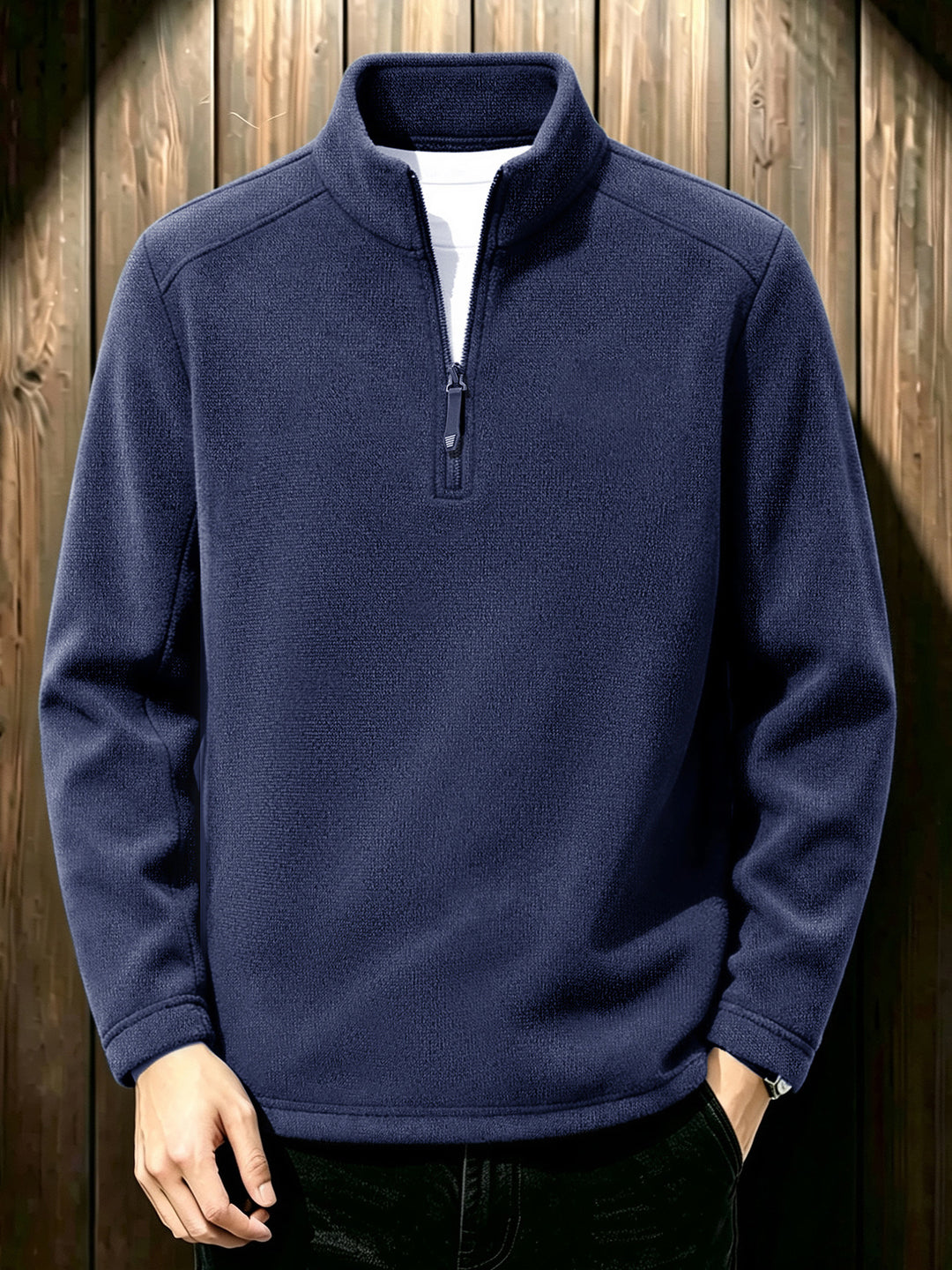 Herren Thermischer Strick-Fleecepullover mit halbem Reißverschluss und Stehkragen Drune