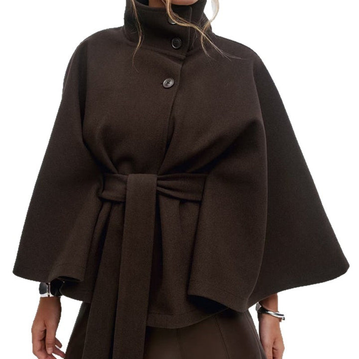 Damen moderne Cape-Jacke mit abnehmbarem Gürtel und hohem Kragen Drune