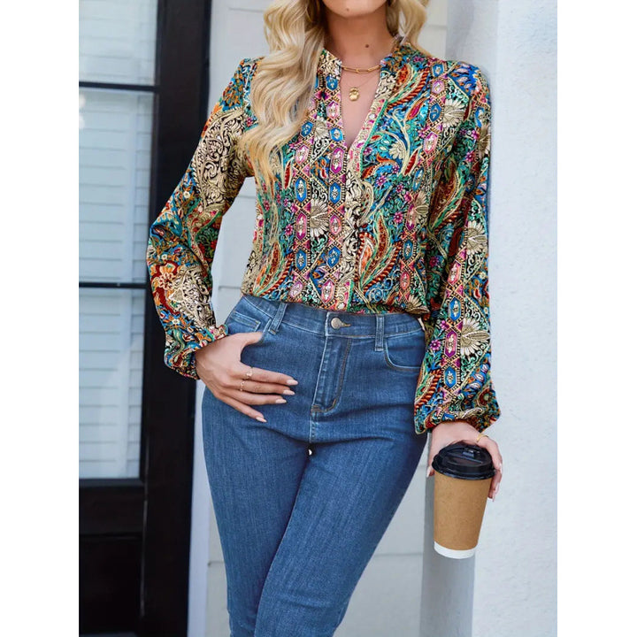 Damen elegante Bluse mit buntem Print und extravaganten Puffärmeln Drune