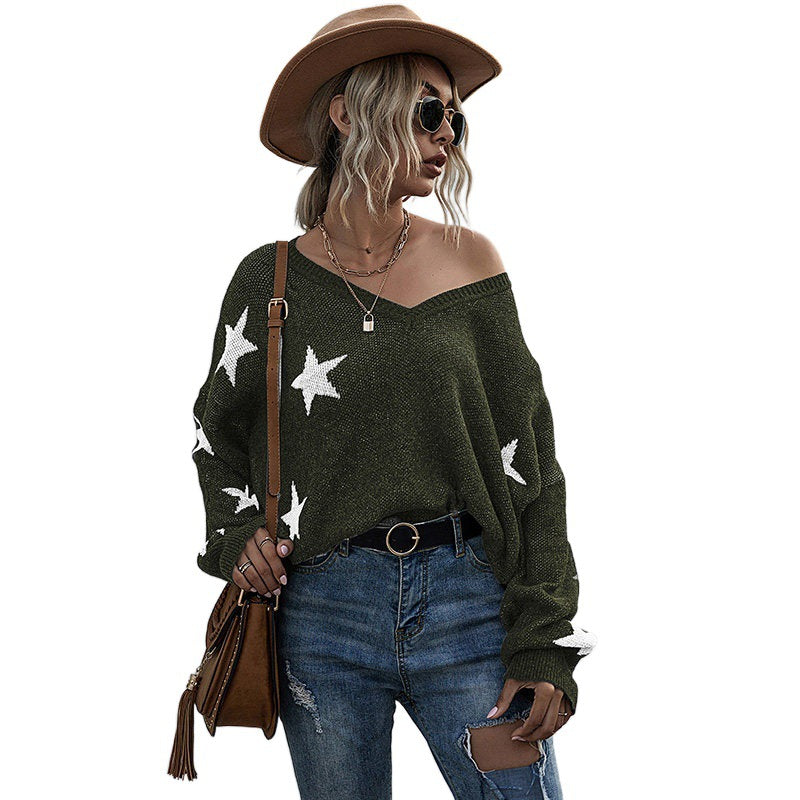 Damen Lässiger Oversized Pullover mit Sternen Drune