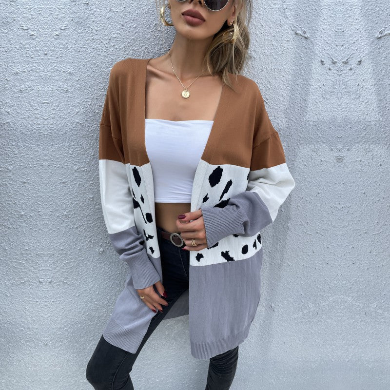 Damen Offene Longcardigan im Blockdesign mit Animal‑Intarsien und gerippten Abschlüssen Drune