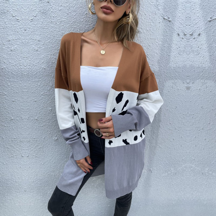 Damen Offene Longcardigan im Blockdesign mit Animal‑Intarsien und gerippten Abschlüssen Drune