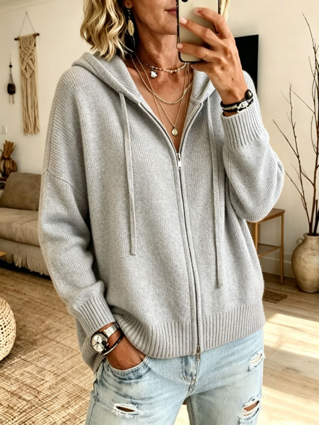 Damen Grobgestrickter Zip‑Hoodie‑Cardigan mit Oversize‑Passform und gerippten Bündchen Drune