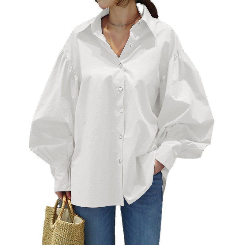 Damen Oversize-Bluse mit Ballonärmeln und Hemdkragen Drune