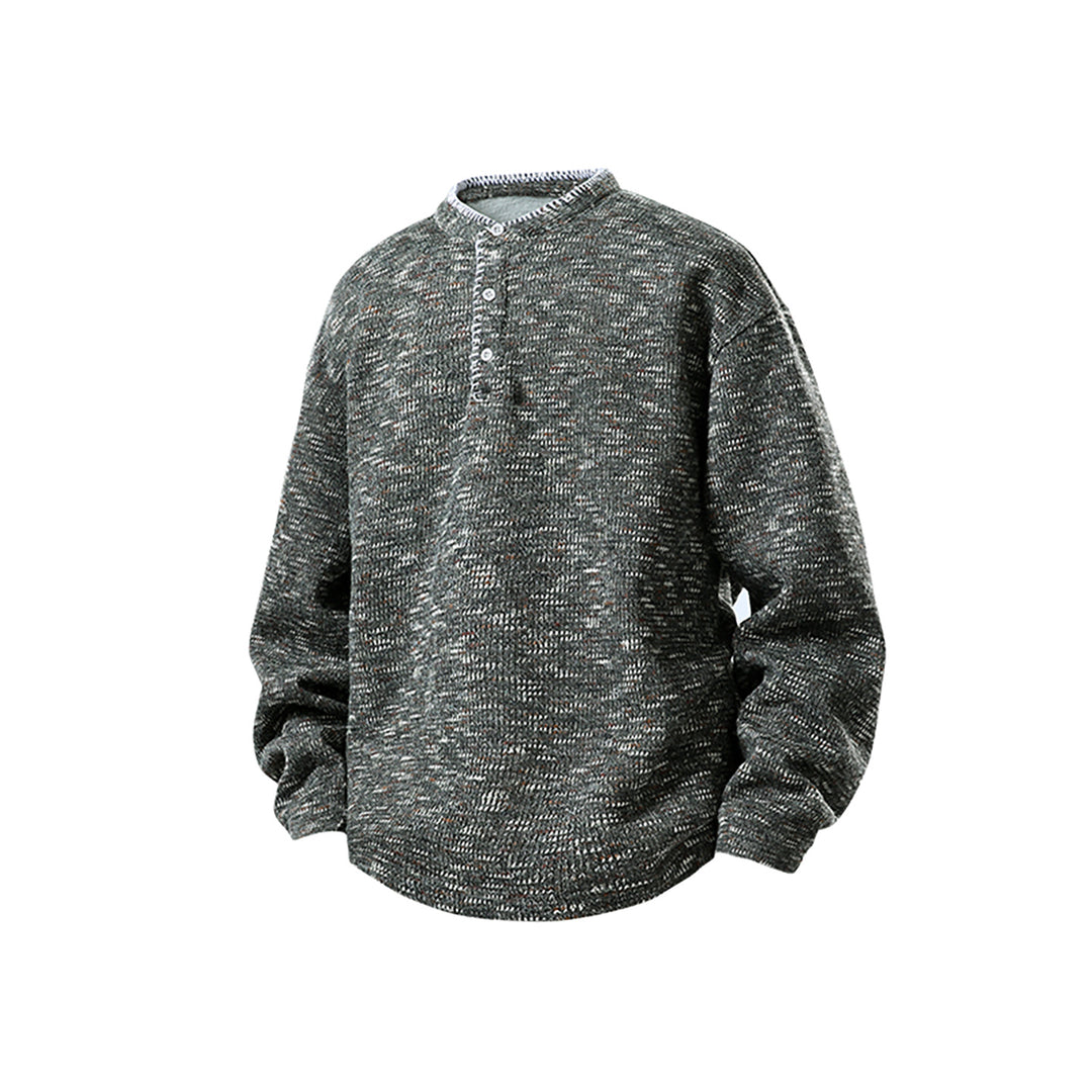 Herren Melierter Strick-Henley-Pullover mit Stehkragen, lockerer Passform und Knopfleiste Drune