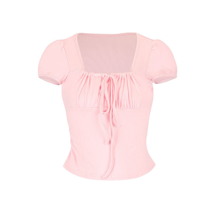 Damen Kurzarm Bluse mit Raffung und Kordelzug Drune