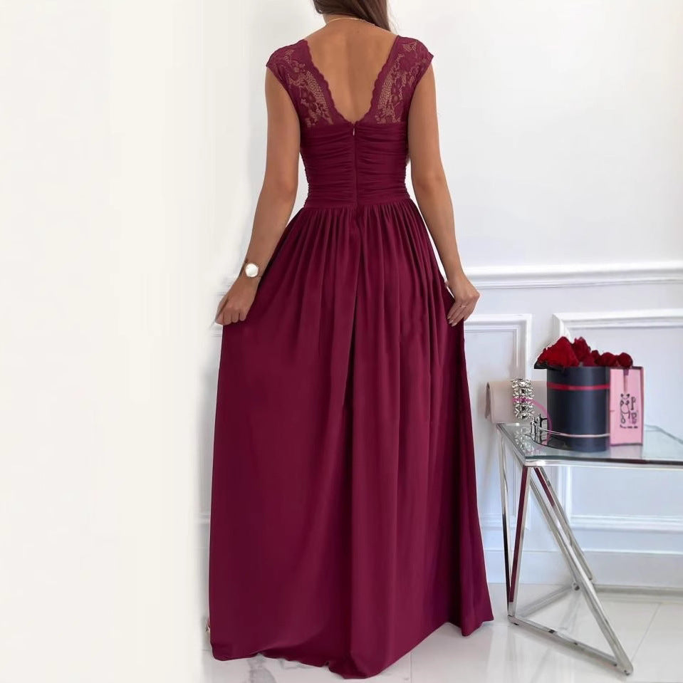 Damen Elegantes Maxikleid mit Spitzenoberteil und hohem Schlitz Drune
