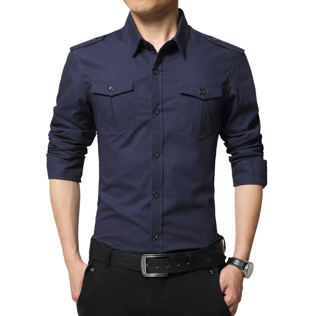 Herren Slim‑Fit Utility‑Hemd mit Schulterklappen und Pattentaschen Drune
