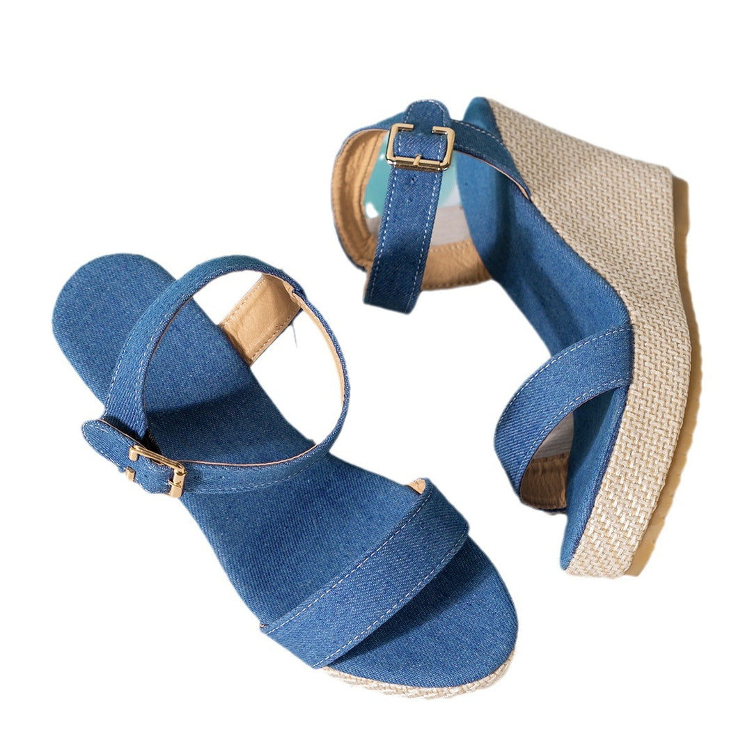 Damen nan Jeansriemen-Espadrille mit verstellbarem Knöchelriemen und geflochtenem Keilabsatz Drune