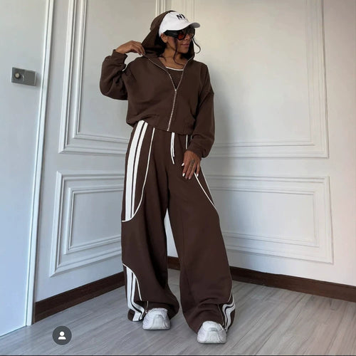 Damen Oversize Kapuzen-Sweatjacke mit Reißverschluss und weitem Trackpant-Set Drune