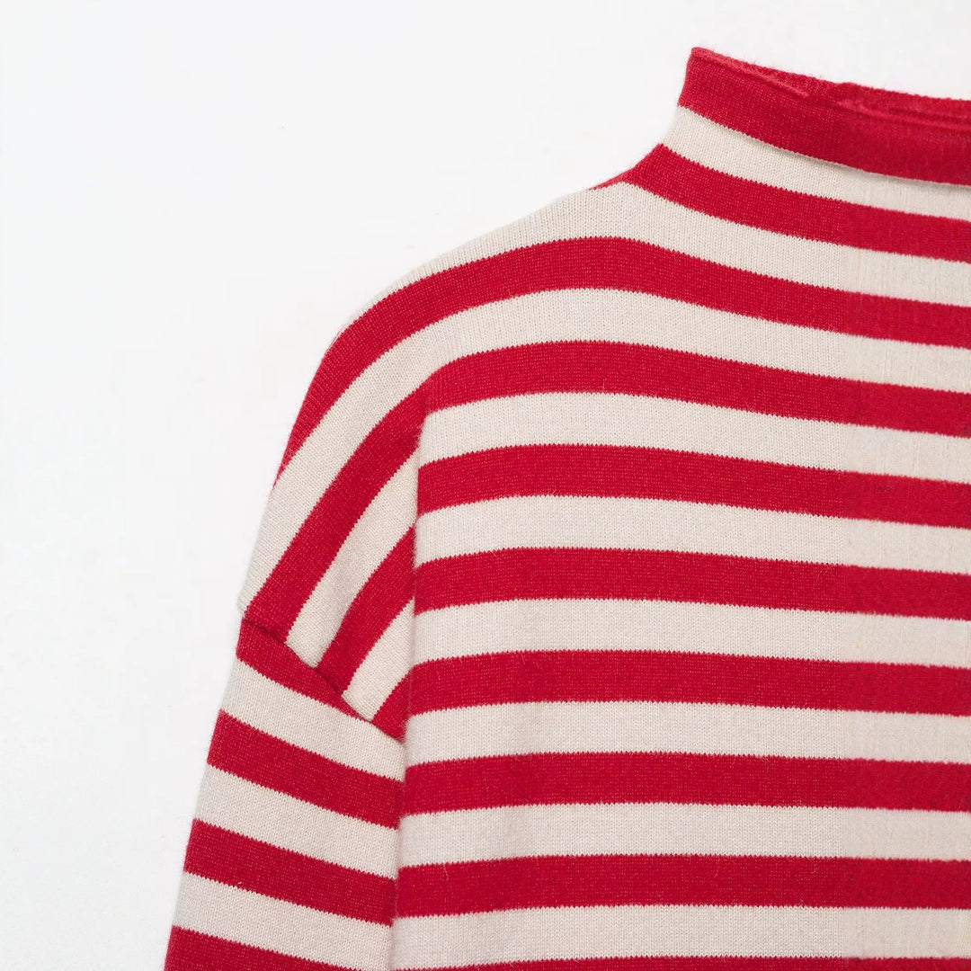 Damen gestreifter Feinstrick-Cardigan mit Stehkragen und durchgehender Knopfleiste Drune