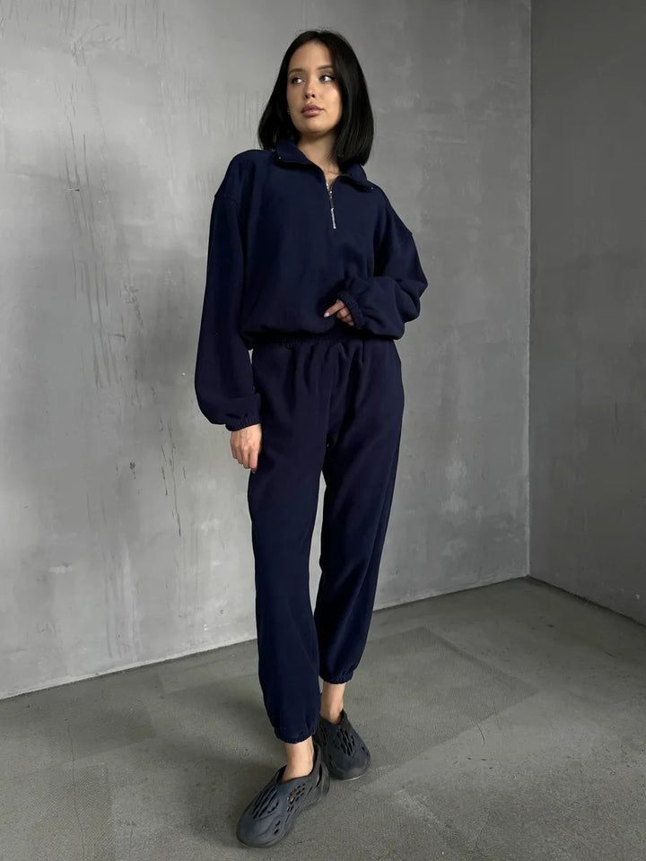 Damen lässiges Fleece-Jogginganzug Set mit Stehkragen und halbhohem Reißverschluss Drune