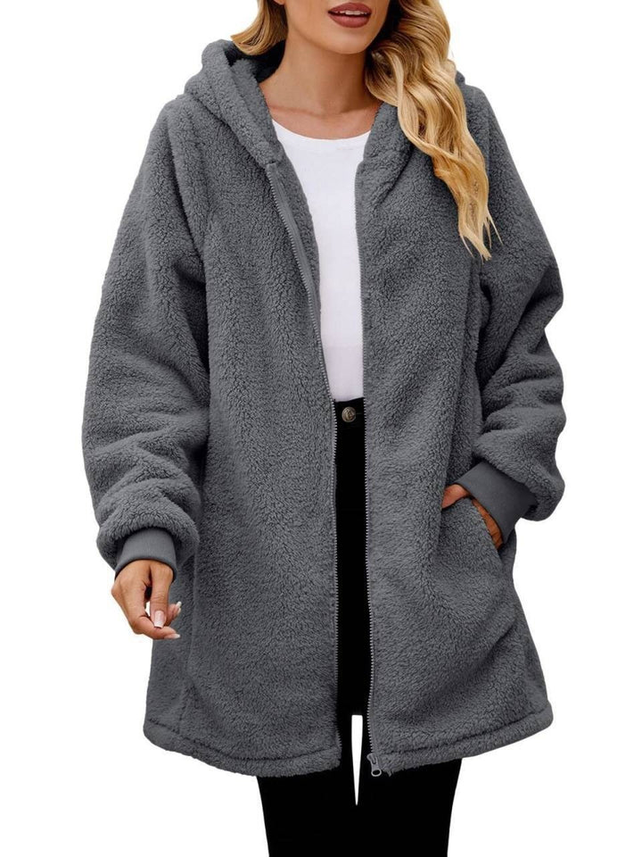 Damen nan midilanger Soft-Teddy Parka mit Kapuze, elastischen Bündchen und Zweiwege-Reißverschluss Drune