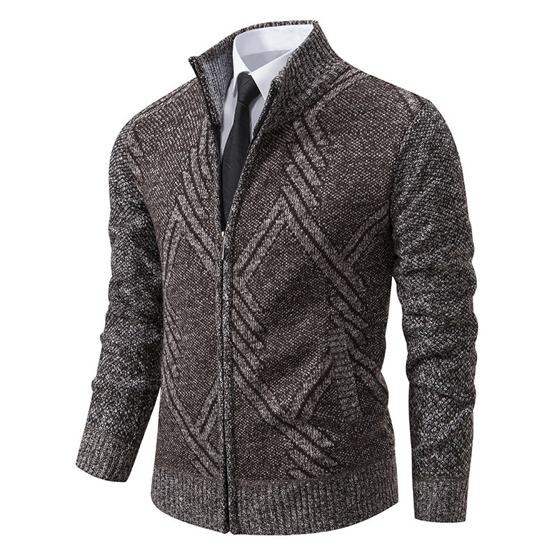 Herren Grobgestrickte Zip‑Strickjacke mit Stehkragen und geometrischem Strukturmuster Drune