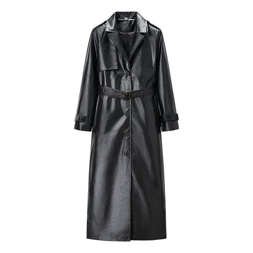 Damen Langer Trenchcoat aus Lederoptik mit Bindegürtel und Epauletten Drune