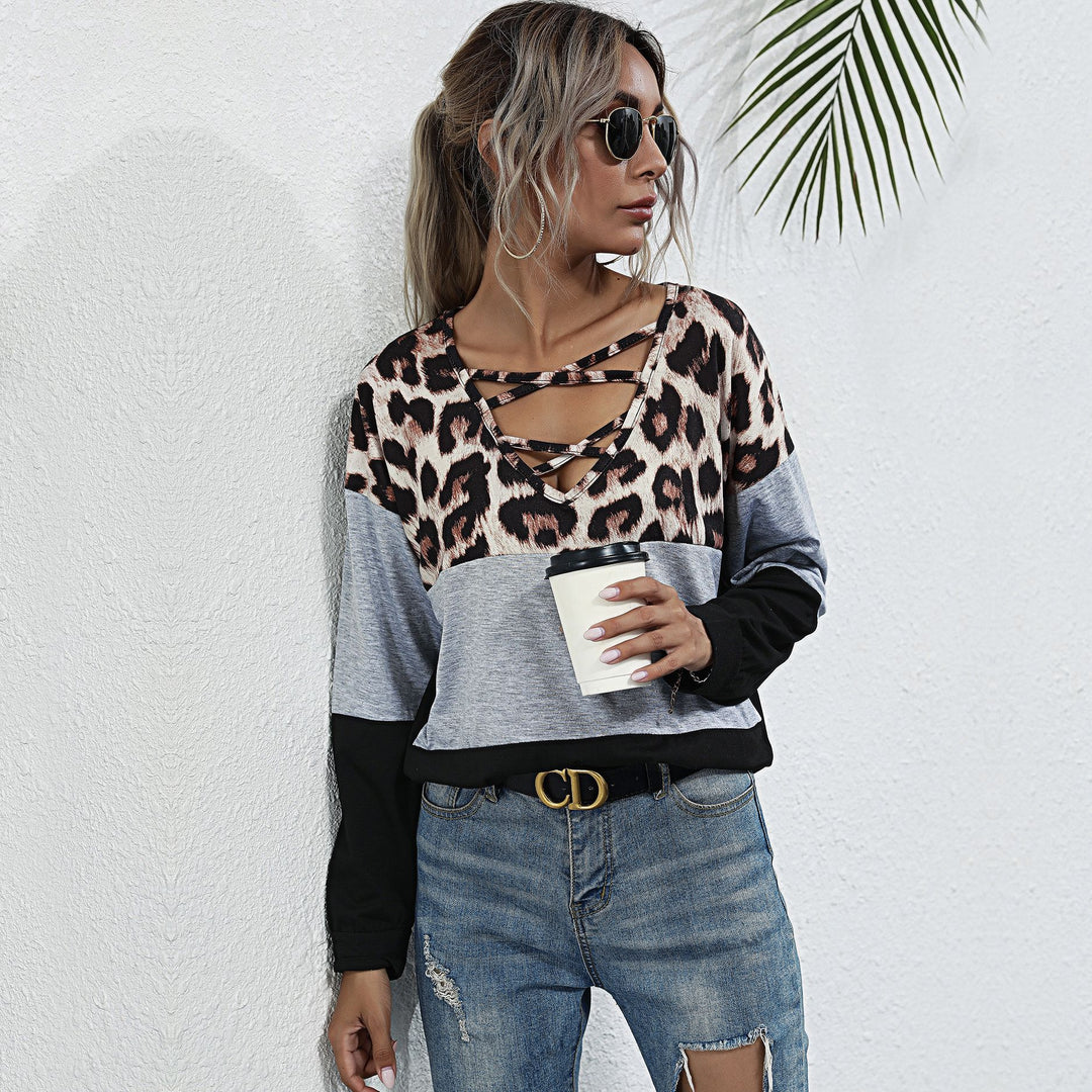 Damen Langarmshirt mit Leoparden-Print Schnürdetail und Colorblock Drune